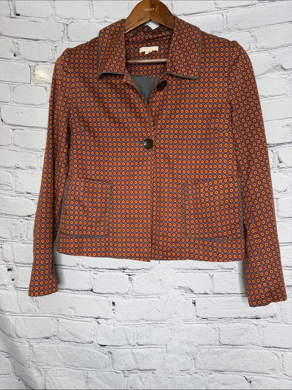Tulle Patterned Orange Geometric Cropped Long Sleeve Jacket Size Large